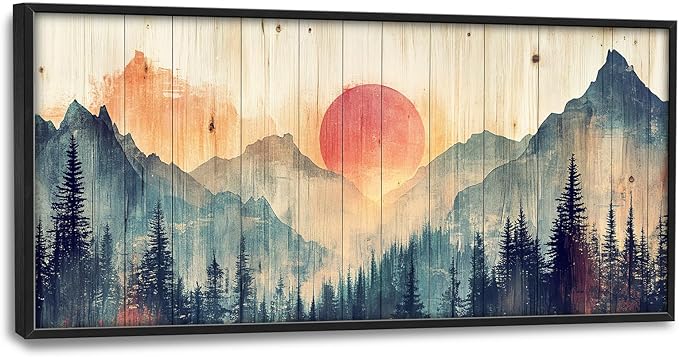 Framed Large Cabin Mountain Wall Art for Living Room, Oversized Rustic Forest Wall Decor, Rustic Nature Landscape Canvas Painting Sunset Pictures Home Decoration for Bedroom Office 60"x30"-PurrikoPets