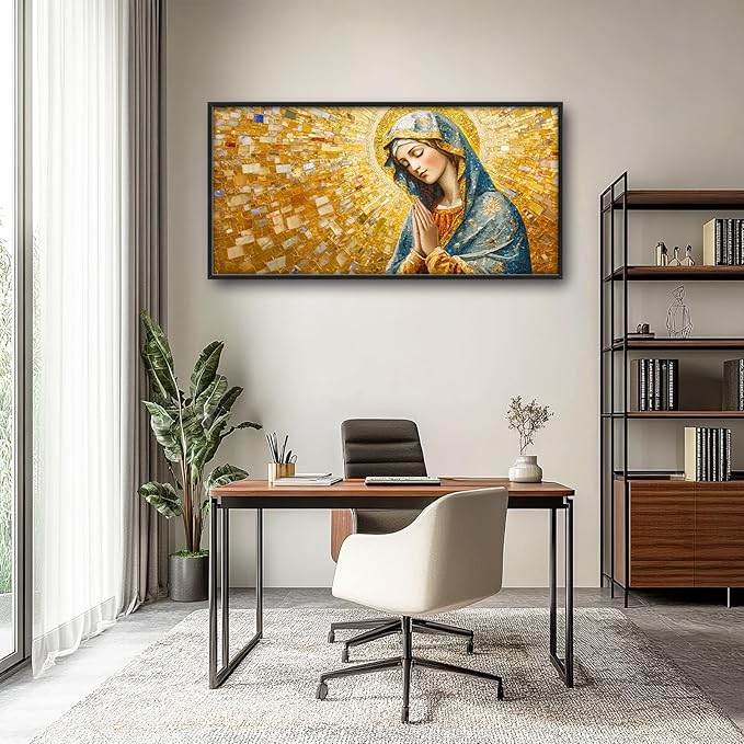 Extra Large Virgin Mary Framed Wall Art for Living Room,Oversized Golden Christian Religious Pictures Wall Decor,Canvas Print Painting Modern Artwork Bedroom Office Bathroom 60L" x 30W"-PurrikoPets