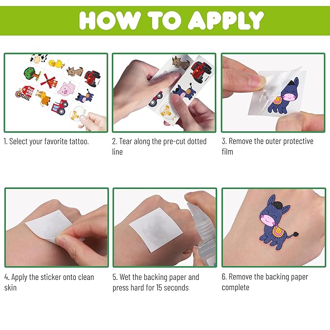 72 PCS Farm Barnyard Animal Pre-Cut Temporary Tattoos Sticker Birthday Decorations Party Supplies Favors Gift Boy Girl Farmhouse Cow Chicken Tattoo School Reward Themed (Normal)-PurrikoPets