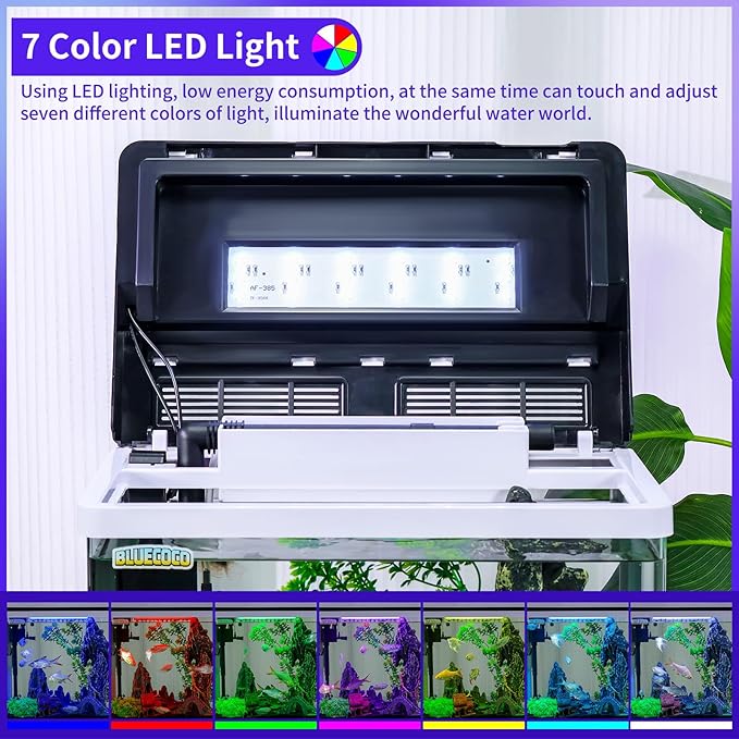 8 Gallon Fish Tank Starter Kit: Glass Aquarium w/Eco-Cycle Filter, 7-Color LED & Air Pump for Betta. Features 360° Crystal View, Temp/Time Display & Quiet Operation All-in-One Aquarium Kit-PurrikoPets