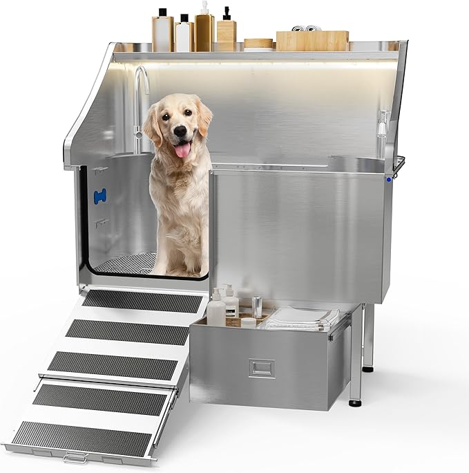 50'' Dog Washing Station - 304 Stainless Steel, LED Dog Bathing Station with Ramp, 2 Drawer, Floor Grate & Lick Pad for Large, Medium & Small Dogs-PurrikoPets