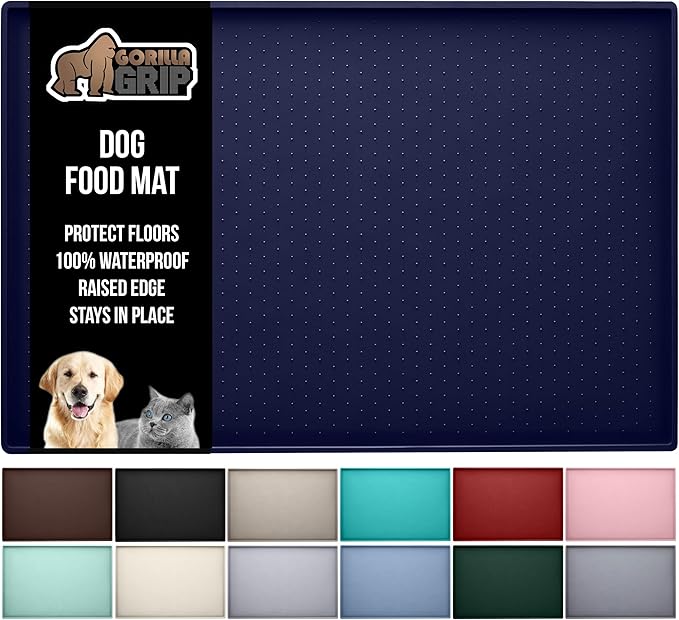 GORILLA GRIP 100% Waterproof Raised Edge BPA Free Silicone Pet Feeding Mat, Dog Cat Food Mats Contain Spills Protects Floors, Placemats for Cats and Dogs Water Bowl, Pets Accessories 28x18 Navy-PurrikoPets