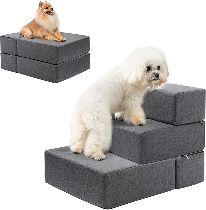 Foldable 18 Inch Wide 3 Step Wide Dog Stairs for Large Dogs, 18 Inch Height Foam Dog Steps for Bed & Couch, Linen Covered Pet Stairs for Dogs to Get on Bed, Outdoor Foam Pet Steps for for Cars & SUV-PurrikoPets
