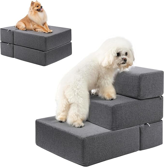 Foldable 18 Inch Wide 3 Step Wide Dog Stairs for Large Dogs, 18 Inch Height Foam Dog Steps for Bed & Couch, Linen Covered Pet Stairs for Dogs to Get on Bed, Outdoor Foam Pet Steps for for Cars & SUV-PurrikoPets