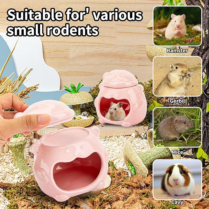 3-in-1 Bear Shaped Ceramic Hamster House - Cool House for Syrian Dwarf Hamsters, Mice, Gerbils， Small Pets, Top for Hamster Food, Removable Lid for Ice Packs, Cute Cool Hideout for Summer（Pink）-PurrikoPets