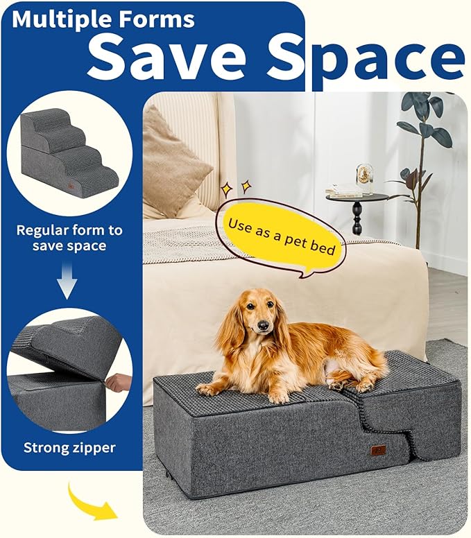 Dog Step for Bed, Dog Stair 4-Step 35D Pet Stair 19.7" H for High Bed or Sofa Non-Slip Balanced Pet Step Indoor, Grey-PurrikoPets