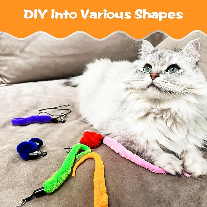 10PCS Cat Worm Toy, Cat Wand Attachment Fuzzy Worm Toys Refill with 1PCS Black String for Wand Replacement, Interactive Cats Kittens Toys for Indoor-PurrikoPets