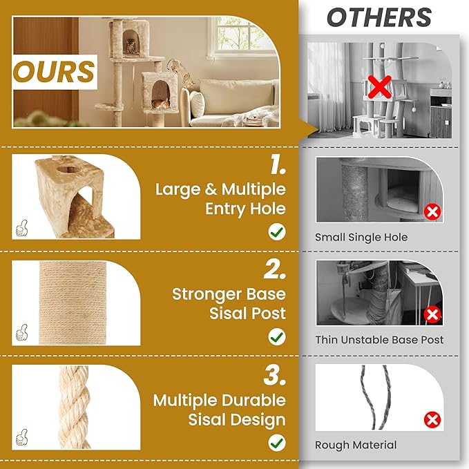 59in Large Cat Tree Tower for Indoor Cats with Soft Plush Hang Ball, Two Condos, Sisal Scratch Posts & Rope Play for Kittens/Adult Cats, New Beige-PurrikoPets