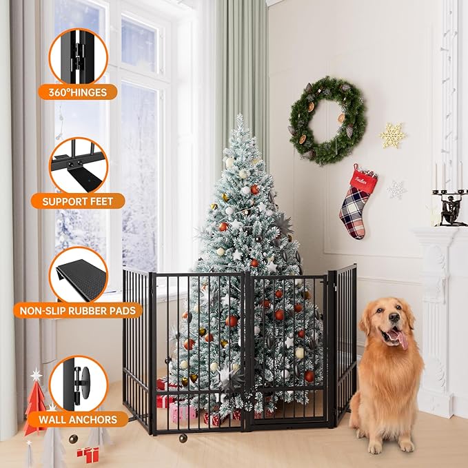 Full Metal Freestanding Dog Gate with Door, 36''Height Foldable Pet Dog Fence for Indoor & Outdoor, 4 Panels Extra Wide Free Standing TallDog Gates for Doorways,House,Stairs,Porch,Deck,Yard-PurrikoPets