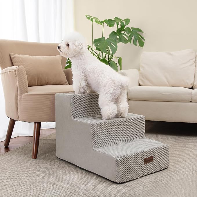 Dog Stairs for Small Dogs & Cats, 3-Step Extra Wide Non-Slip Pet Steps for Couch Sofa and Chair, Light Grey, 15.7" H-PurrikoPets