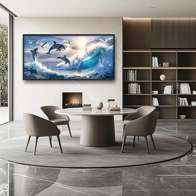 Dolphin Seagull Large Wall Art Sea Ocean Waves Sunrise Pictures Wall Decor Nautical Coastal Canvas Print Painting Artwork for Bathroom Living Room Bedroom 60L" x 30W"-PurrikoPets