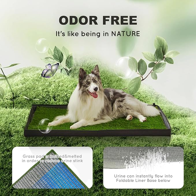 Dog Grass Pad with Foldable Dog Litter Box,Extra Large Liner Base for Balcony，Ultra-Absorbent Artificial Grass Pads for Dogs Pee Pad Holder, Potty Training, 2 PCS Reusable Pee Pad-PurrikoPets
