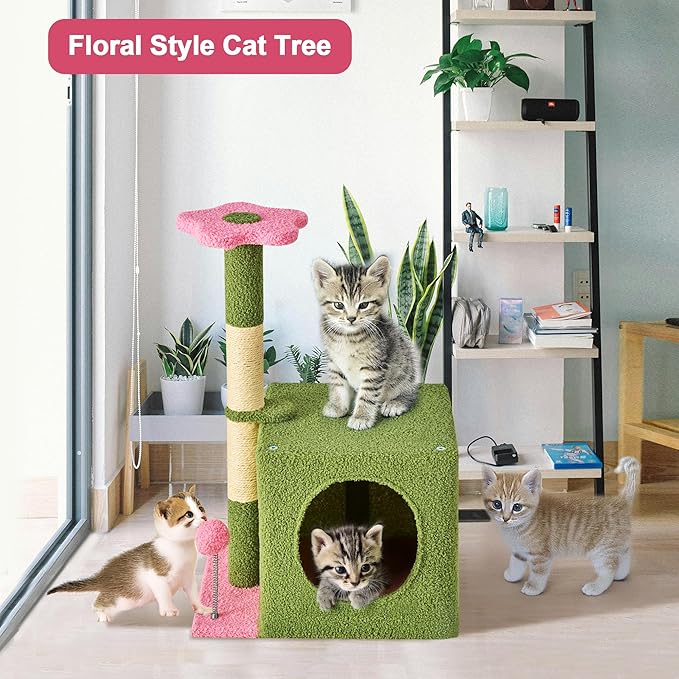 24 Inch Cat Tree Condo for Indoor Cats with Floral Sisal Scratching Post, Plush Hang Ball Play Furniture for Kittens Cats, Pink-PurrikoPets