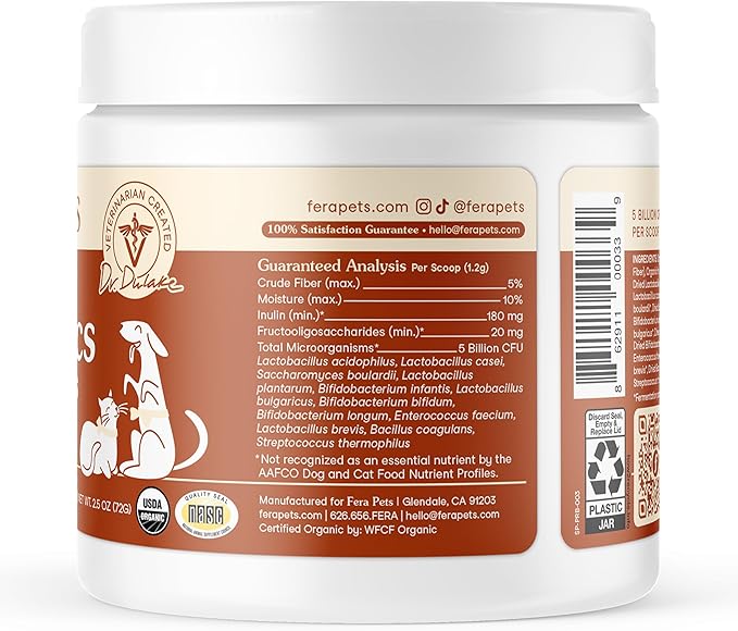Fera Pets Probiotics for Dogs & Cats with Prebiotics - USDA Organic - Gut Health Powder Supplement with 12 Strains and 5 Billion CFUs - Supports Immunity, Energy and Skin & Coat - 60 Scoops-PurrikoPets