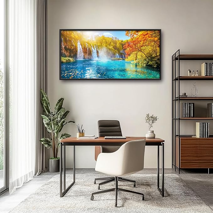 Extra Large Waterfall Lake Framed Wall Art for Living Room,Oversized Fall Autumn Tree Landscape Pictures Wall Decor,Nature Canvas Print Painting Modern Artwork Bedroom Office Bathroom 60L" x 30W"-PurrikoPets