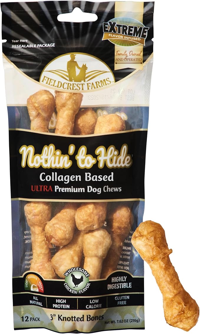 Fieldcrest Farms Nothin' to Hide 3 inch Ultra Knotted Bone Treats - Natural Rawhide Alternative Treats for Dogs, Collagen Based Snack for Heavy Chewers up to 15lbs - Chicken Flavor, 12 Pack-PurrikoPets