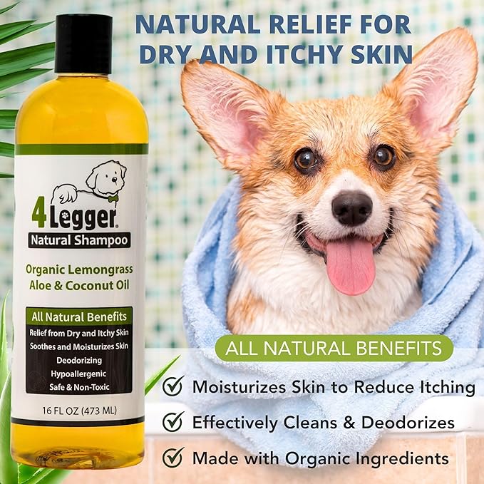 4-Legger Certified Organic Dog Shampoo - All Natural and Hypoallergenic with Aloe and Lemongrass, Soothing for Normal, Dry, Itchy or Allergy Sensitive Skin - Biodegradable - Made in USA - 16 oz-PurrikoPets