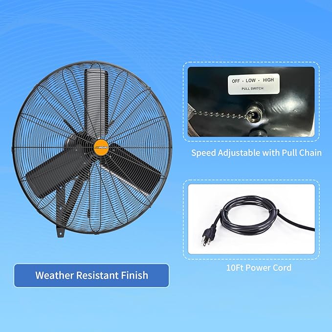 24 inch Outdoor Oscillating Wall Mounted Fan, High Velocity IPX4 Waterproof 7600 CFM Industrial Metal Wall Fan, 2 Speed, Adjustable Tilt, for Greenhouse, Patio, Garage, Workshop-PurrikoPets