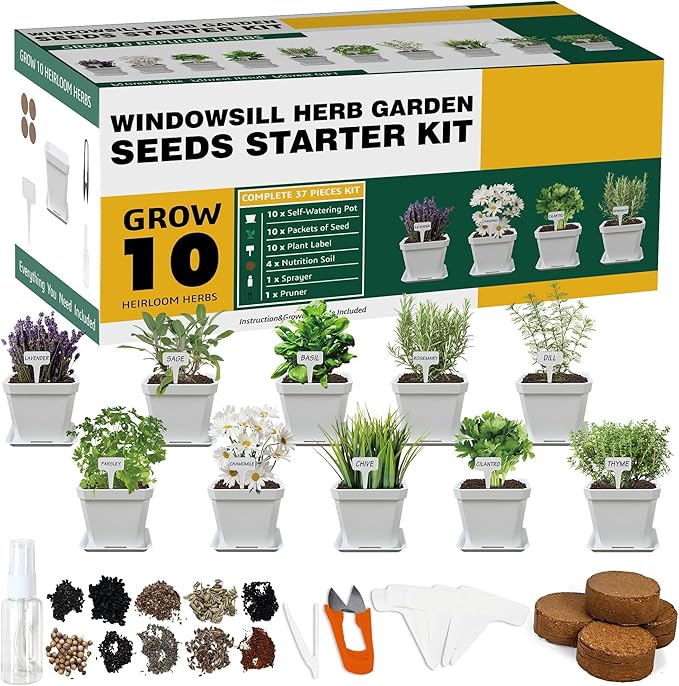 10 Herb Seeds Garden Starter Grow Kit with White Pots, Markers, Nutritional Soil, Watering, Herb Clipper, Complete Indoor Potted Plant Growing Set for Kitchen DIY-PurrikoPets