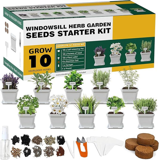 10 Herb Seeds Garden Starter Grow Kit with White Pots, Markers, Nutritional Soil, Watering, Herb Clipper, Complete Indoor Potted Plant Growing Set for Kitchen DIY-PurrikoPets