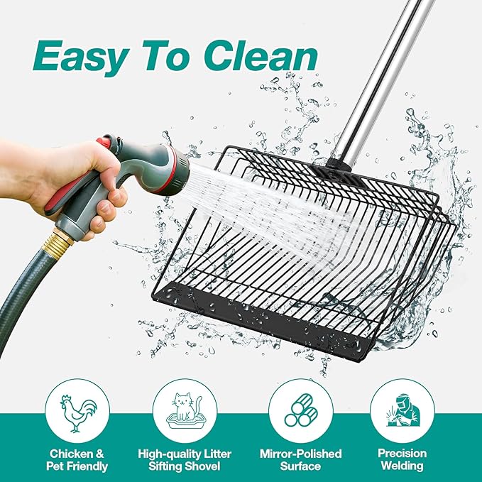Adjustable Chicken Poop Scooper, Heavy Duty Stainless Steel Chicken Rake with 3-Slot Pole, Multi-Use Pet Waste Shovel & Hay Scooper - 36"/50"/64" Length-PurrikoPets