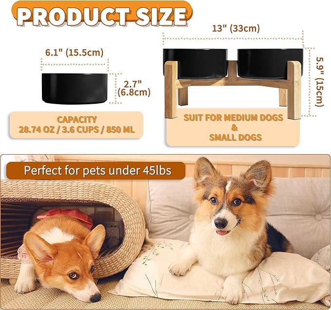 Elevated Ceramic Dog Bowl Set - Raised Dog Bowls with Non-Slip Bamboo Stand - Dog Food and Water Bowl Set - Double Dog Feeding Bowls - Suitable for Small and Medium Dogs - 28.74 OZ - 3.6 CUPS - 850 ML-PurrikoPets