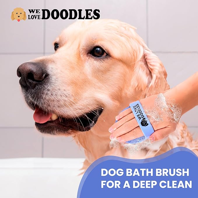 Dog Grooming Bath Brush, Pet Rubber Brush For Shower Scrubbing & Soothing Massage, Ideal for Long & Short Haired Dogs and Cats, Essential Puppy Grooming Accessories, 2 PACK [We Love Doodles]-PurrikoPets
