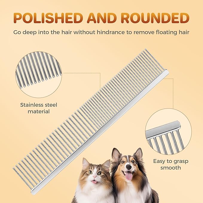 7.5 Inch Professional Stainless Steel Pet Grooming Comb for Dogs & Cats, Wide & Dense Teeth for Removing Tangles, Knots,Undercoat,Flea,Excess Hair, Rounded Corners Design for Safe,Metal Dematting Tool-PurrikoPets