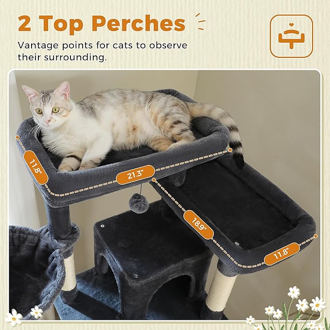 81 Inch Tall Cat Tree for Big Cats & Multi-Cat Homes, Large Heavy Duty Cat Tower with Metal Frame Hammock, 6 Scratching Posts, 2 Condos, 2 Perches, Scratching Pad - Dark Grey-PurrikoPets