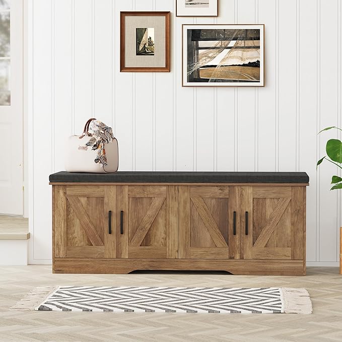 2-Tier Storage Bench, Shoe Bench with Padded Seat Cushion, Entryway Bench with 4 Barn Doors, Adjustable Shelf, 13.8" D x 47.2" W x 17.7" H, for Entryway, Living Room, Bedroom, Rustic Walnut-PurrikoPets