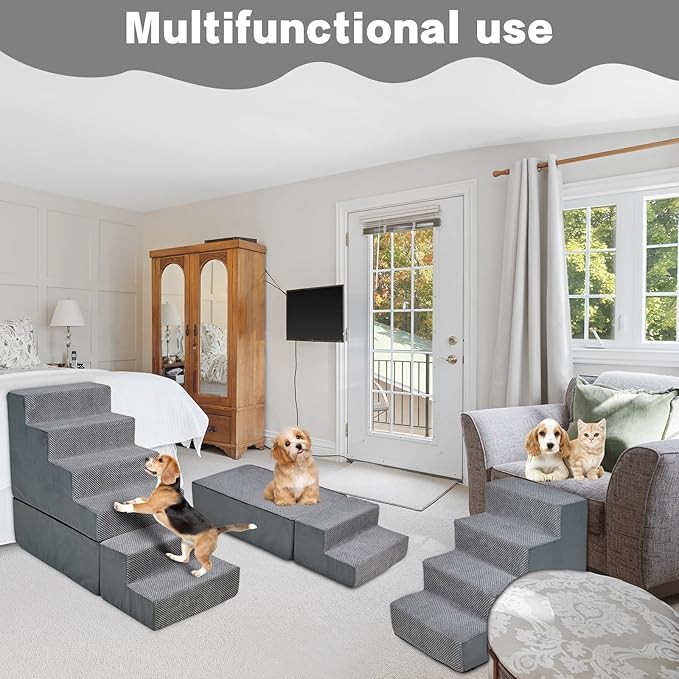 Dog Steps for High Beds 30-32" H - 6-Step Dog Stairs for Small Dogs, 33D Foam Pet Steps for High Bed with Non-Slip Bottom and Washable Cover, Dogs Ramp for Bed Indoor, Grey-PurrikoPets