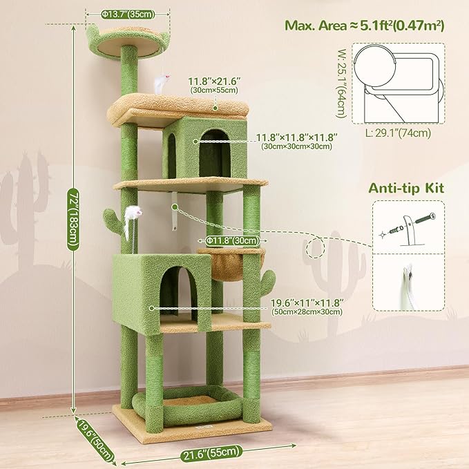 Globlazer Heavy Duty Cactus Cat Tree for Large Cats, Sturdy 72in Maine Coon Cat Tree for Large Cats 20 lbs+ Cactus Cat Tower for Adult Biggest Cats with 6 Scratching Posts, Hammock, S72, Green-PurrikoPets