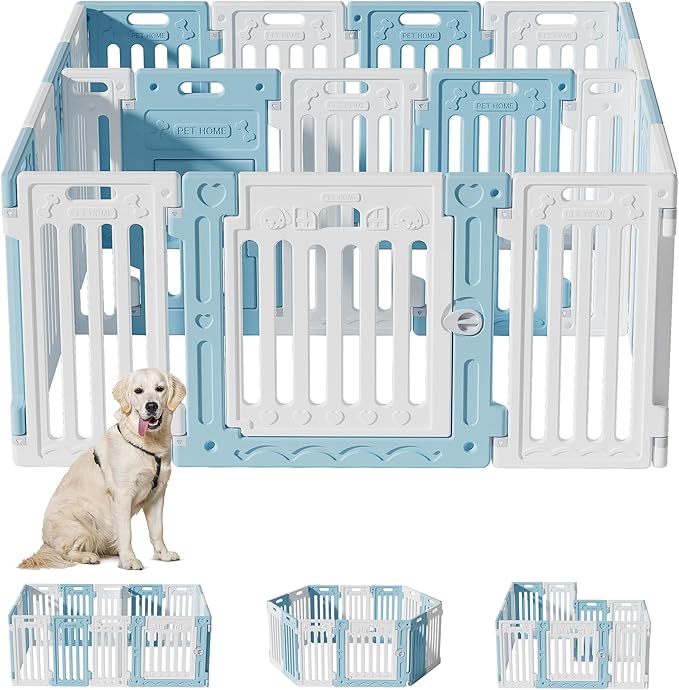 2 Room Dog Playpen with Door,DIY Shape Combination Puppy Pen,16-Panel+2 Link Piece+Large Door+Small Door,25.5" H Dog Fence,Non-Slip&Secure Pet Gate,Easy to Assemble,Blue+White-PurrikoPets