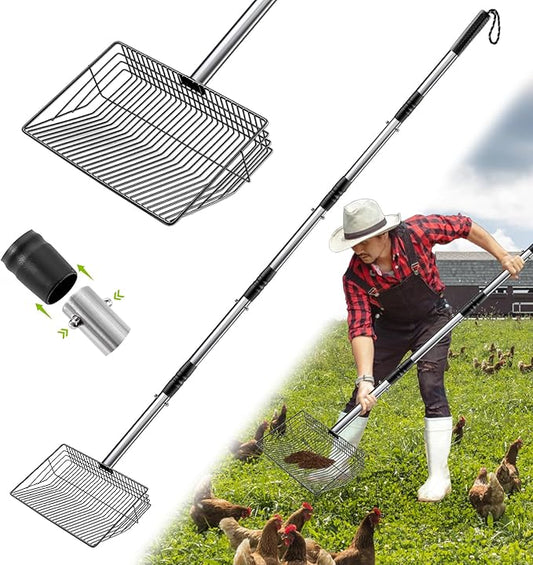 Esmorah 10 Inch Large Metal Chicken Poop Scooper for Sand & Coop Cleaning - Long Sifting Shovel with 24"-68" Adjustable Handle, 5 Lengths Heavy Duty Stainless Steel-PurrikoPets