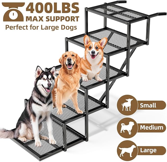 Dog Stairs for Large Dogs, Linvivon Extra Wide 20" Dog Steps with Non-Slip Surface and Reflective Strips, Outdoor Foldable Dog Ramp for Stairs, Car, Truck and SUV, Supports Up to 400LBS, 5 Steps-PurrikoPets