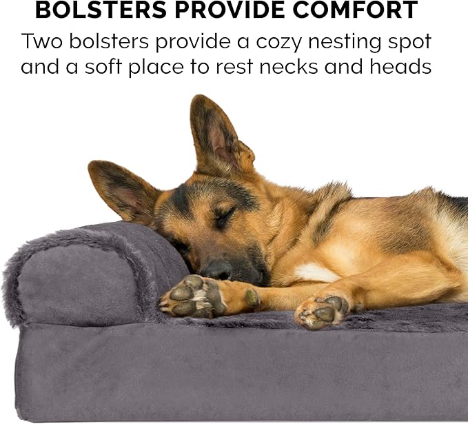 Furhaven Cooling Gel Dog Bed for Large/Medium Dogs w/ Removable Bolsters & Washable Cover, For Dogs Up to 55 lbs - Plush & Velvet L Shaped Chaise - Platinum Gray, Large-PurrikoPets