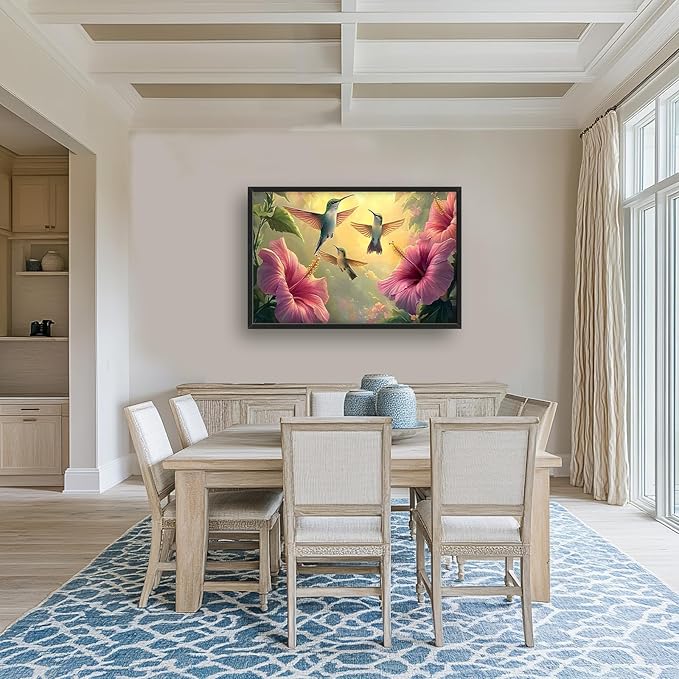 Framed Large Hummingbird Wall Art for Living Room, Oversized Rustic Bird Flower Wall Decor Floral Canvas Painting Nature Sunrise Pictures Modern Artwork for Bedroom Office Dinging Room 36"x24"-PurrikoPets