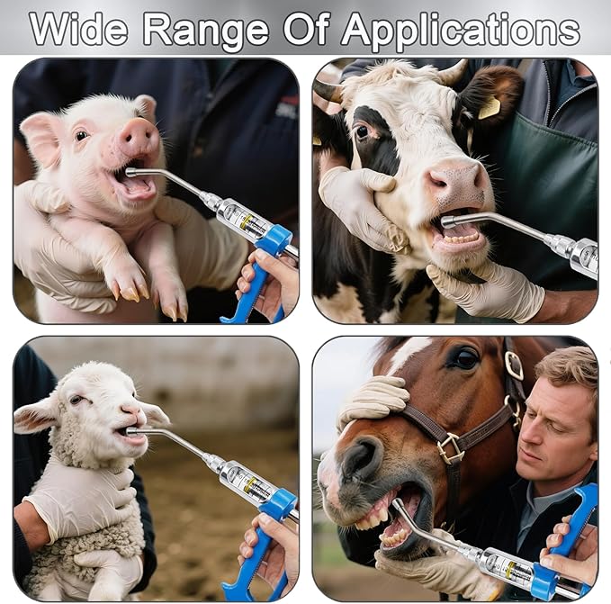 50ML Veterinary Metal Feeding Gun, Continuous Drench Gun Dosing Device Veterinary Adjustable Medicine Dispenser Husbandry Autonomous Feeding Tool, for Pig Cow, Sheep, Horse (Blue, 50ML+Kettle)-PurrikoPets