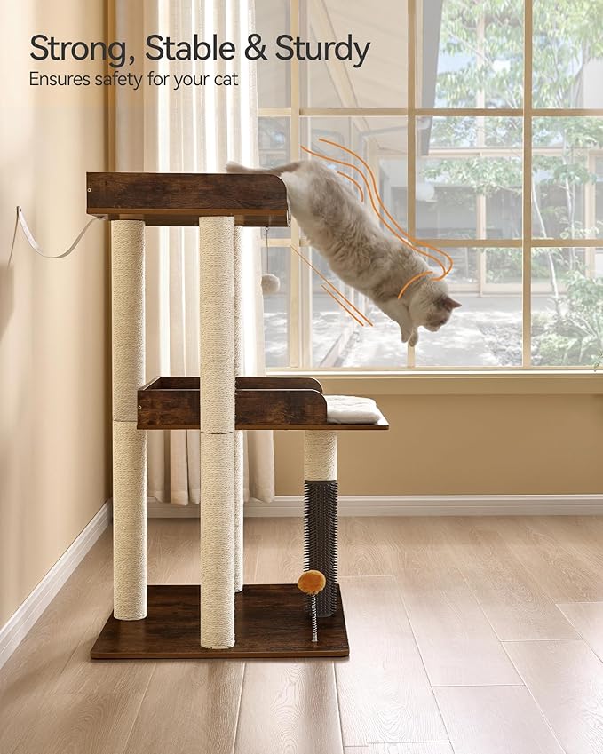 FourFurPets 43.7" Cat Tree, Modern Cat Tree Tower, Cat Tower for Indoor Cats Large Adult, Cat Condo with Scratching Post, Large Perch and Removable Pads,Rustic Brown-PurrikoPets