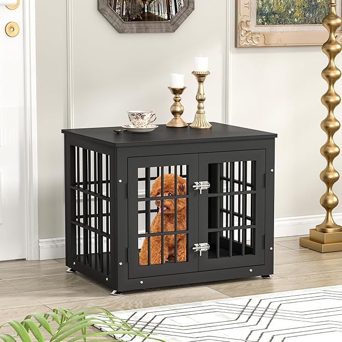 26 Inch Heavy Duty Dog Crate Furniture for Small Dogs, Decorative Pet House End Table, Wooden Cage Kennel Furniture Indoor, Black-PurrikoPets