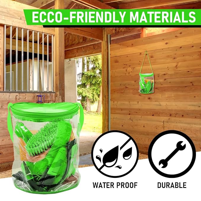 9 Pieces Horse Grooming Kit Tack Room Supplies Set with Organizer Tote Bag, Oval Massage Curry, Hard and Soft Brush, Hoof Pick, Sweat Scraper, Bathing Sponge, Combs for Horse Riders Beginners (Green)-PurrikoPets