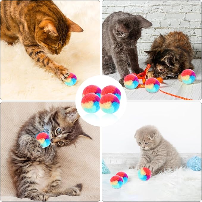 30 Pcs Soft Plush Cat Ball 1.2-inch Rainbow Cat Toy Balls Fuzzy Kitty Balls Kitten Puff Balls Colorful Cat Pom Pom Balls for Cat Kitten Pet Playing Exercising-PurrikoPets
