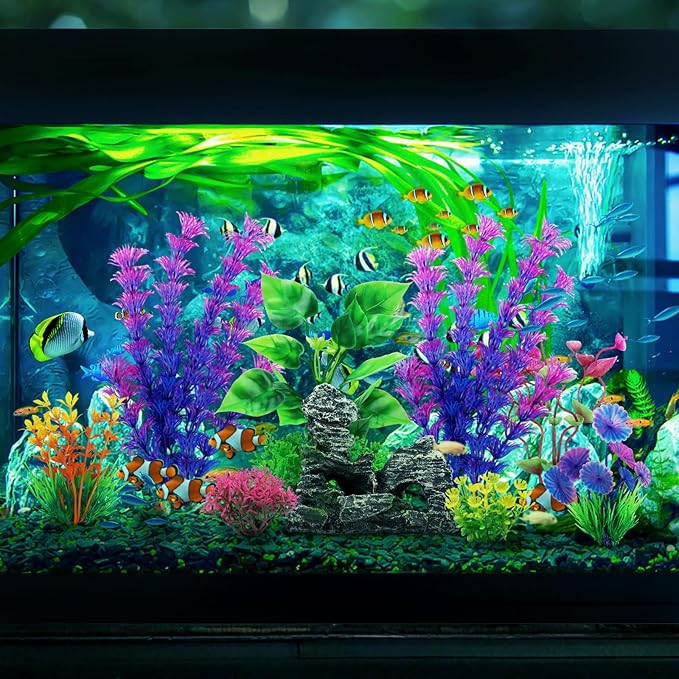 Fish Tank Accessories Aquarium Decorations Plants, 9pcs Colorful Fish Tank Artificial Plants and Cave Rock Decor Set, Aquarium Decor Plastic Plants-PurrikoPets