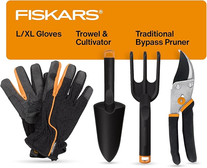 Fiskars House Plant Starter Tool Gift Set with Bypass Pruner, Trowel, Cultivator, and L/XL Garden Gloves, Accessories for Indoor Gardening (4 Piece Kit)-PurrikoPets