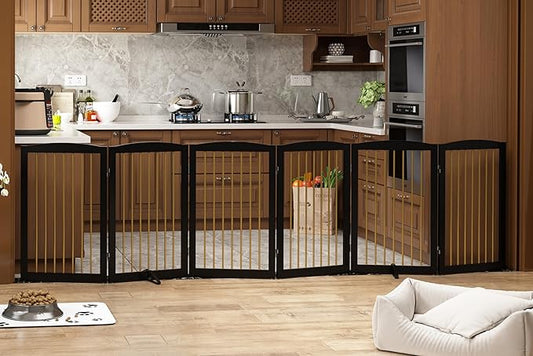 Freestanding Pet Gate for Dogs, Indoor Wooden Dog Gate for House, Extra Wide Dog gate, Foldable Dog Gate for Stair, Doorway, Hall, Support Feet Included, 120 Inch Wide, 6 Panels 32",Black&Gold-PurrikoPets