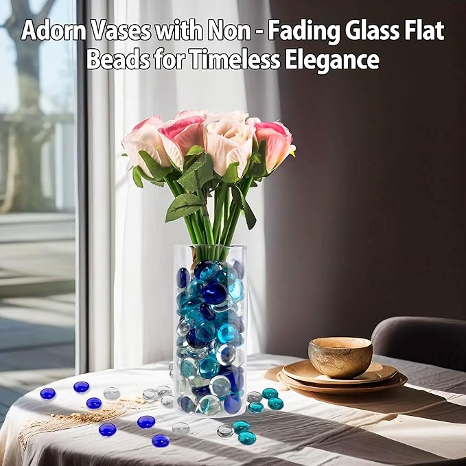 1LB Mixed Blue Glass Marbles, Transparent and Smooth Flat Glass Beads for Vases, Mosaic Gem Pebbles for Aquarium Decor, Floral Arrangements, Mancala Stones, Vase Filler and Crafts (Approx. 80-100 PCS)-PurrikoPets