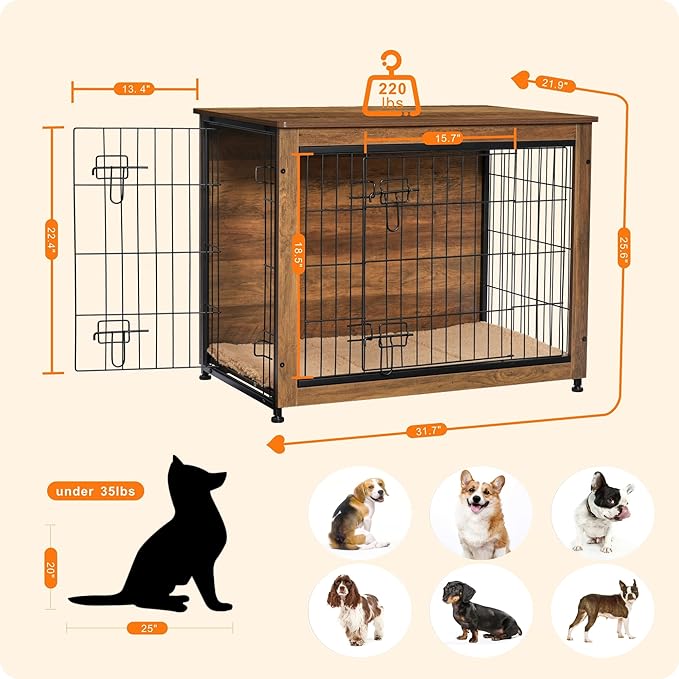 DWANTON Dog Crate Furniture with Cushion, Wooden Kennel Table with Double Doors, Indoor Dog House, Medium Size, 32.5" L, Warm Brown-PurrikoPets