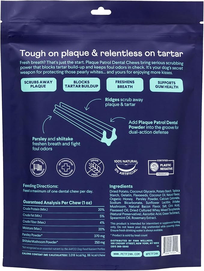 Finn Plaque Patrol Dental Chews | Triple-Action Defense Against Plaque, Tartar, and Bad Breath | for Medium/Large Dogs, 25+ lbs-PurrikoPets