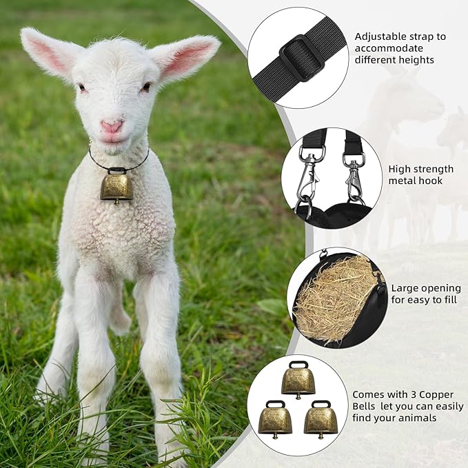 3 PCS Goat Hay Feeder,Hay Bags for Horses,Goats,Donkeys with Reinforced Oxford Fabric and High Strength Metal Clasp,Horse Feeding Supplies with Adjustable Strap for Easy Hanging (3Black)-PurrikoPets