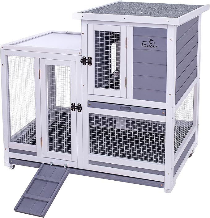 GEGURI Rabbit Hutch, Two-Story Indoor Bunny Cage, Outdoor Guinea Pig Cages for Small Animals with Wheels, Removable Tray-PurrikoPets